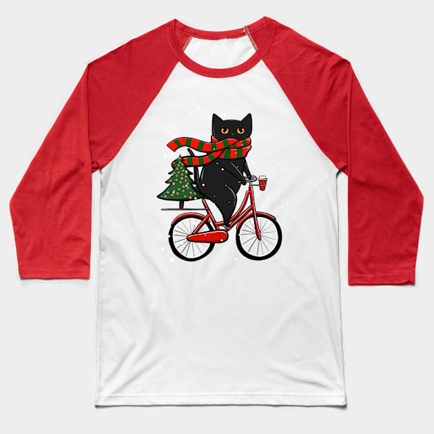 Black Cat Winter Bicycle Ride Baseball T-Shirt by KilkennyCat Art